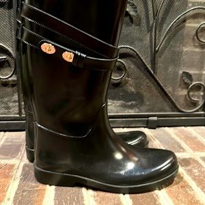 COACH Talia Black Tall Gold Turn lock Logo Rubber Rain Boots